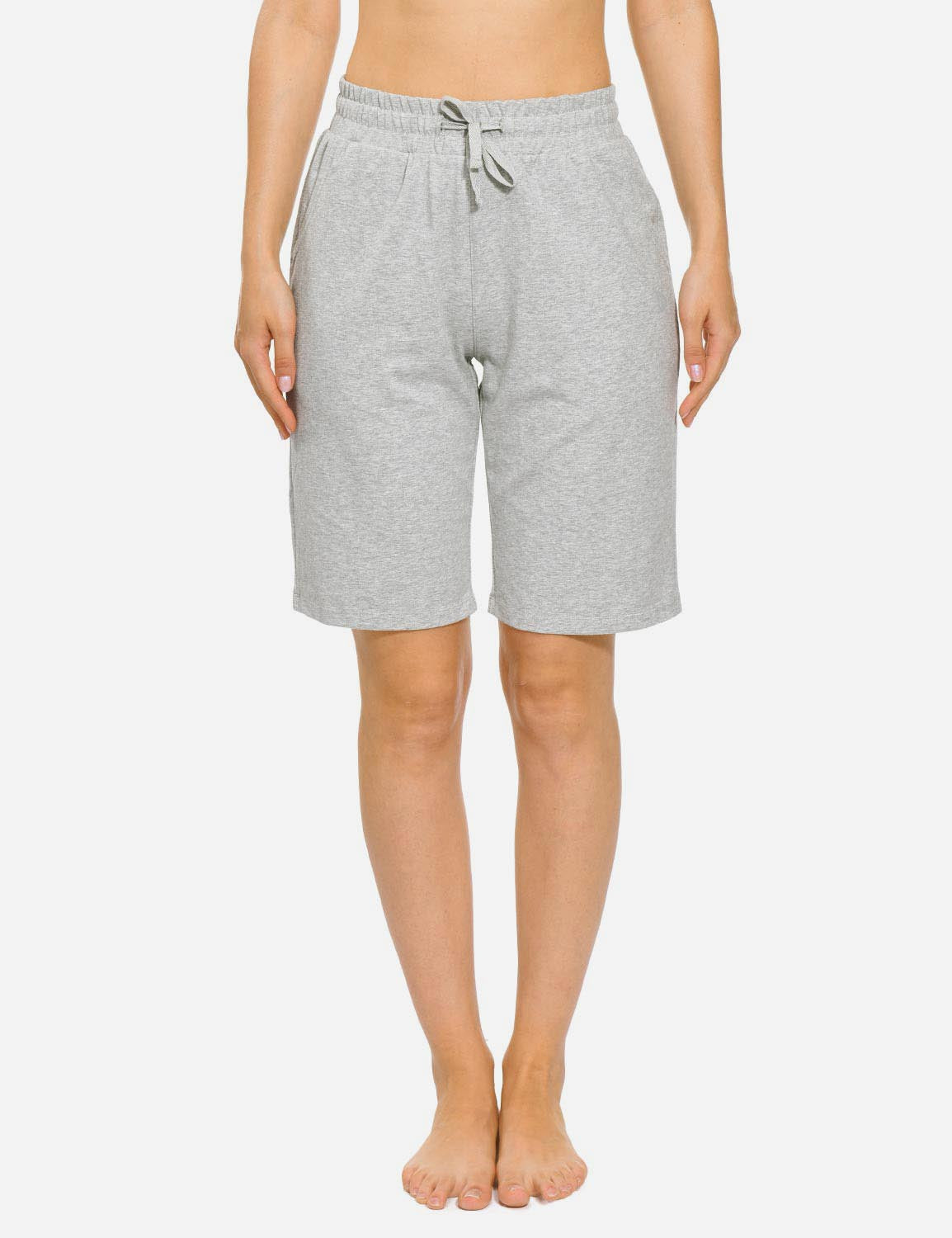 Baleaf Women's Mid-Rise Cotton Pocketed Bermuda Shorts abh104 Light Gray Front