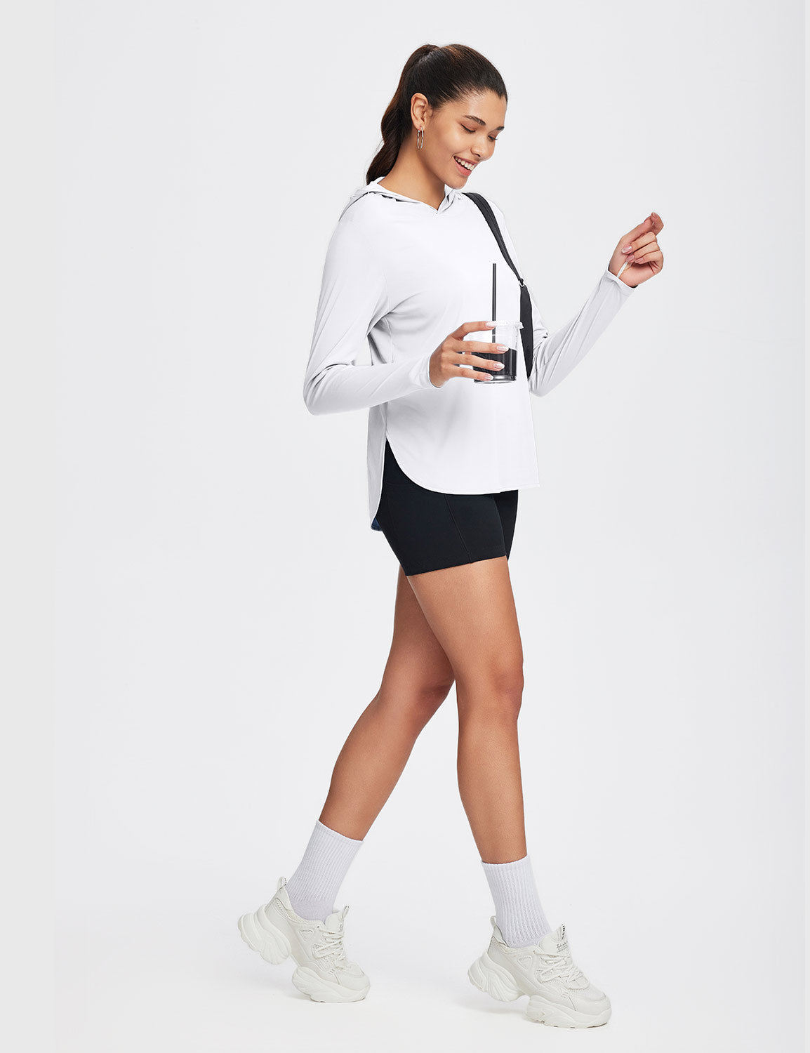 Baleaf Women's Rounded Hem Hooded Long Sleeve Lucent White Full