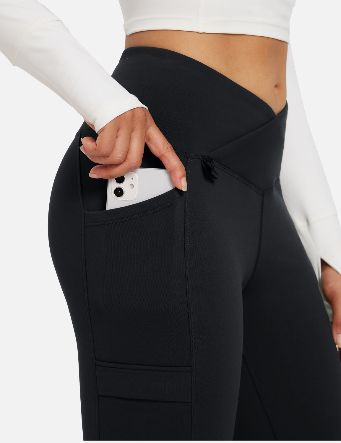 Baleaf Women's Fleece lined Crossover Slightly Flare Leggings Anthracite with Pocket