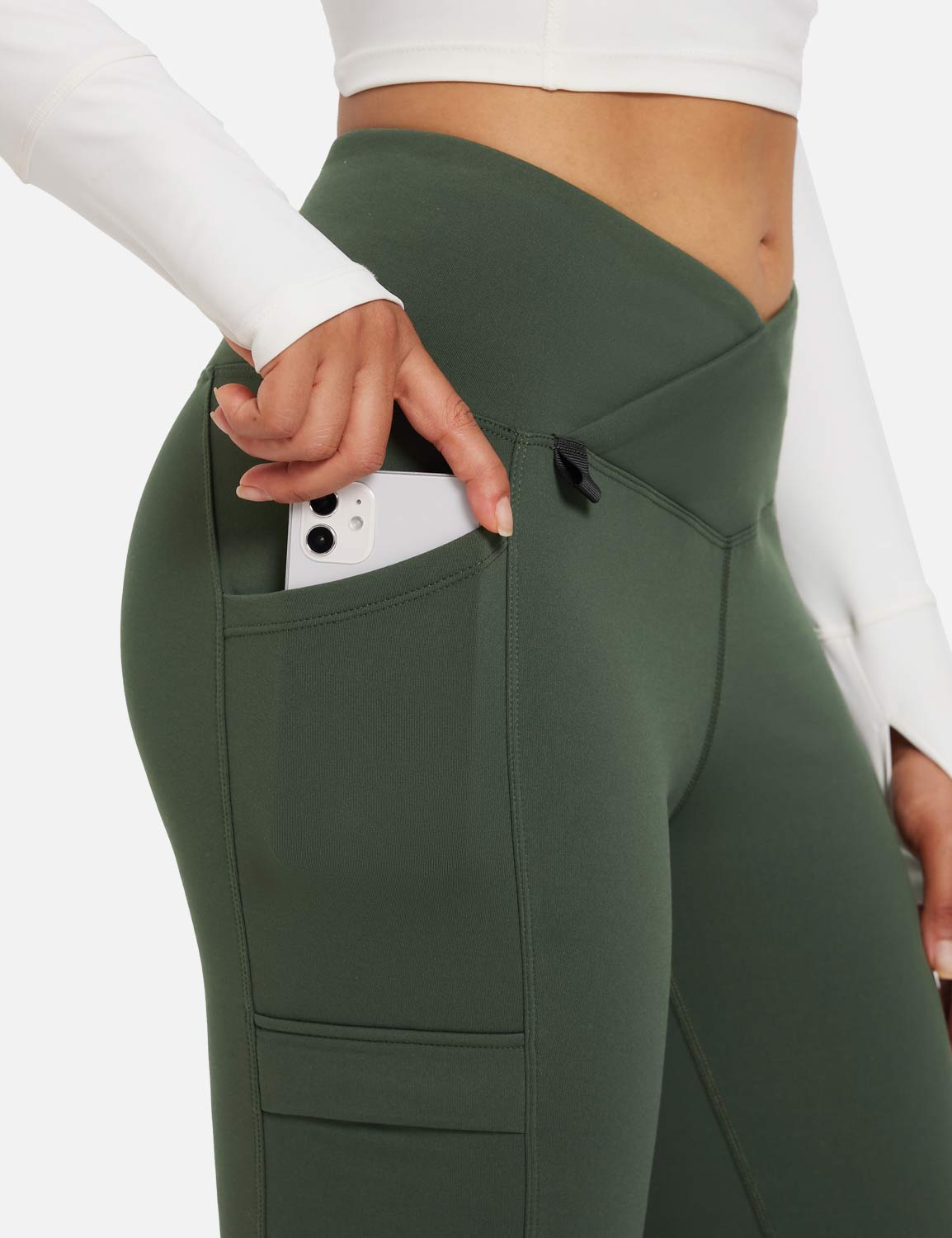 Baleaf Women's Fleece lined Crossover Slightly Flare Leggings Rifle Green with Pocket