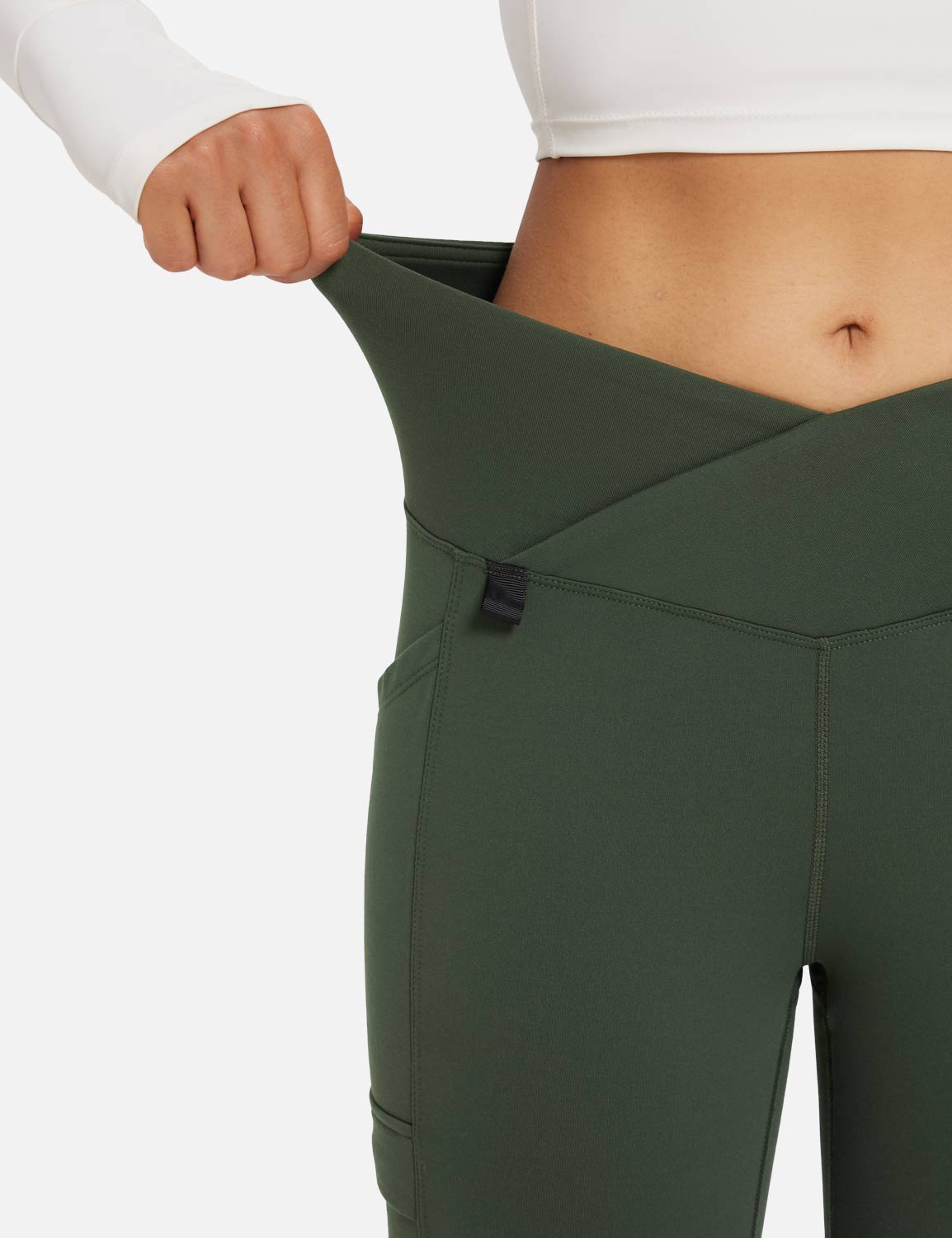 Baleaf Women's Fleece lined Crossover Slightly Flare Leggings Rifle Green Details