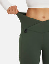 Baleaf Women's Fleece lined Crossover Slightly Flare Leggings Rifle Green Details