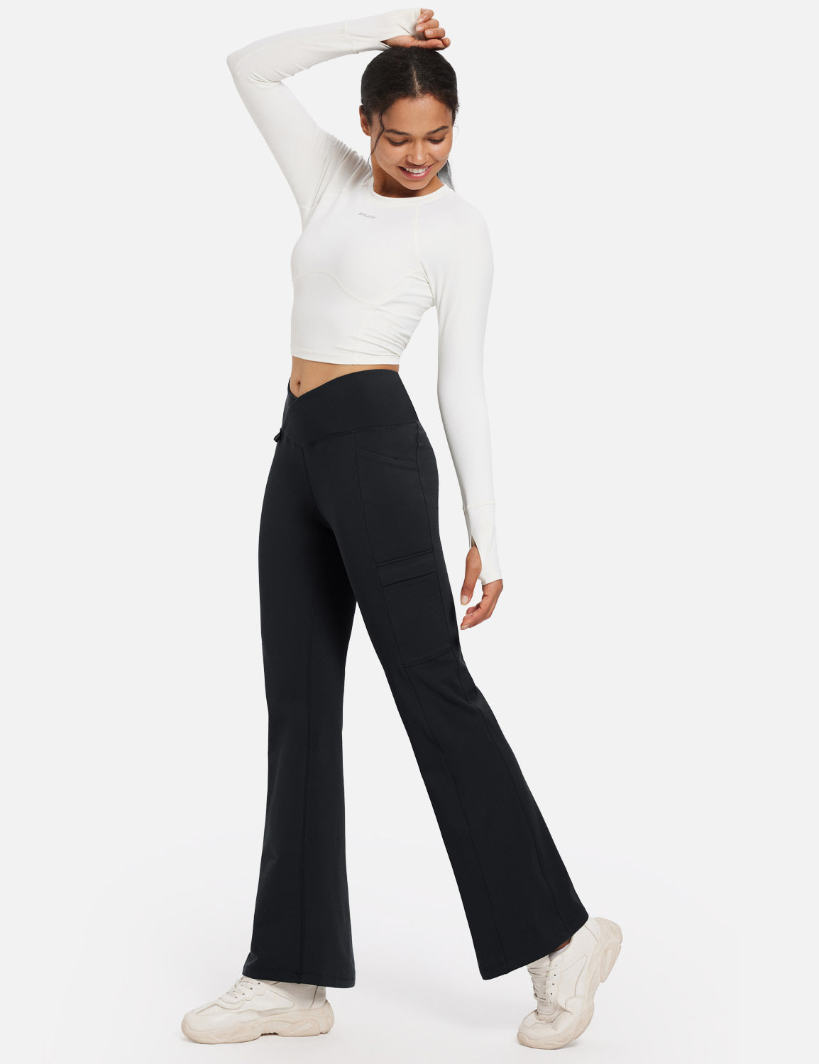 Baleaf Women's Fleece lined Crossover Slightly Flare Leggings Anthracite Full