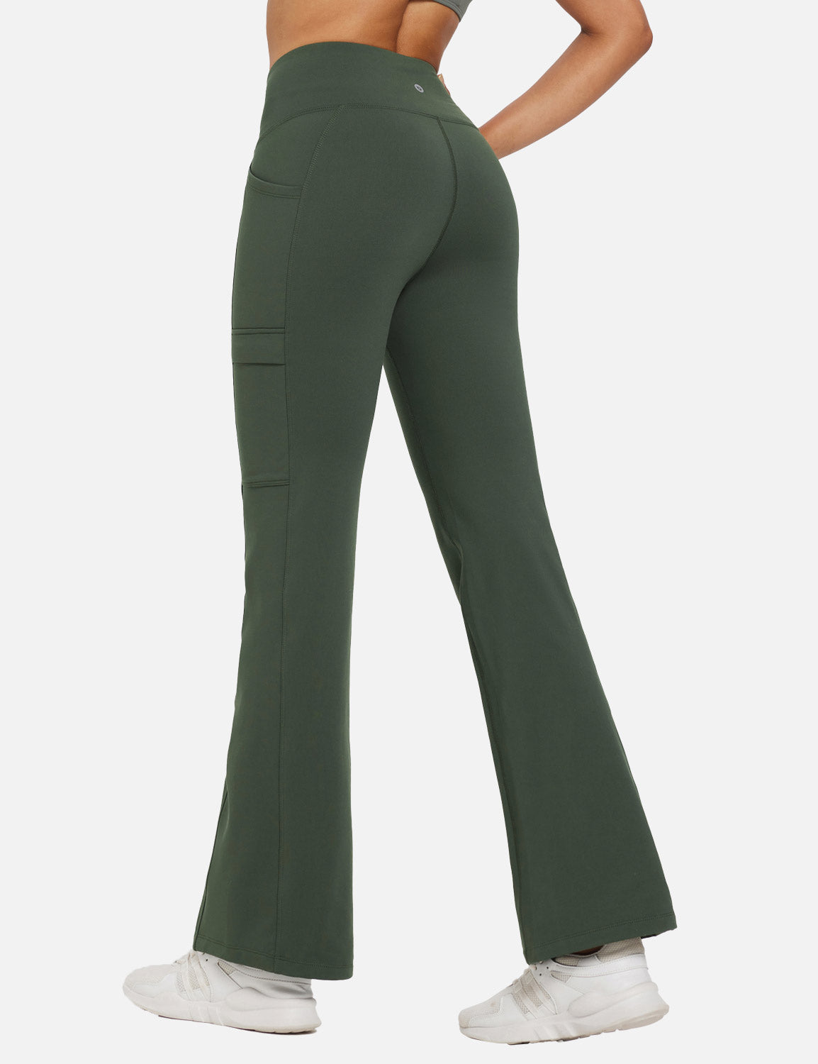 Baleaf Women's Fleece lined Crossover Slightly Flare Leggings Rifle Green Back