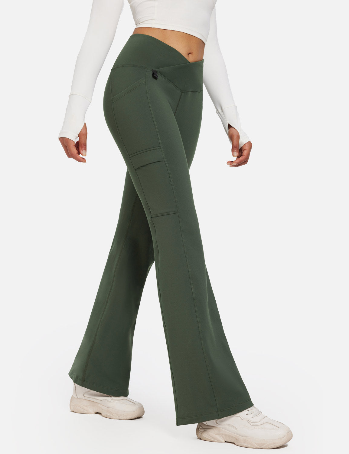 Baleaf Women's Fleece lined Crossover Slightly Flare Leggings Rifle Green Side