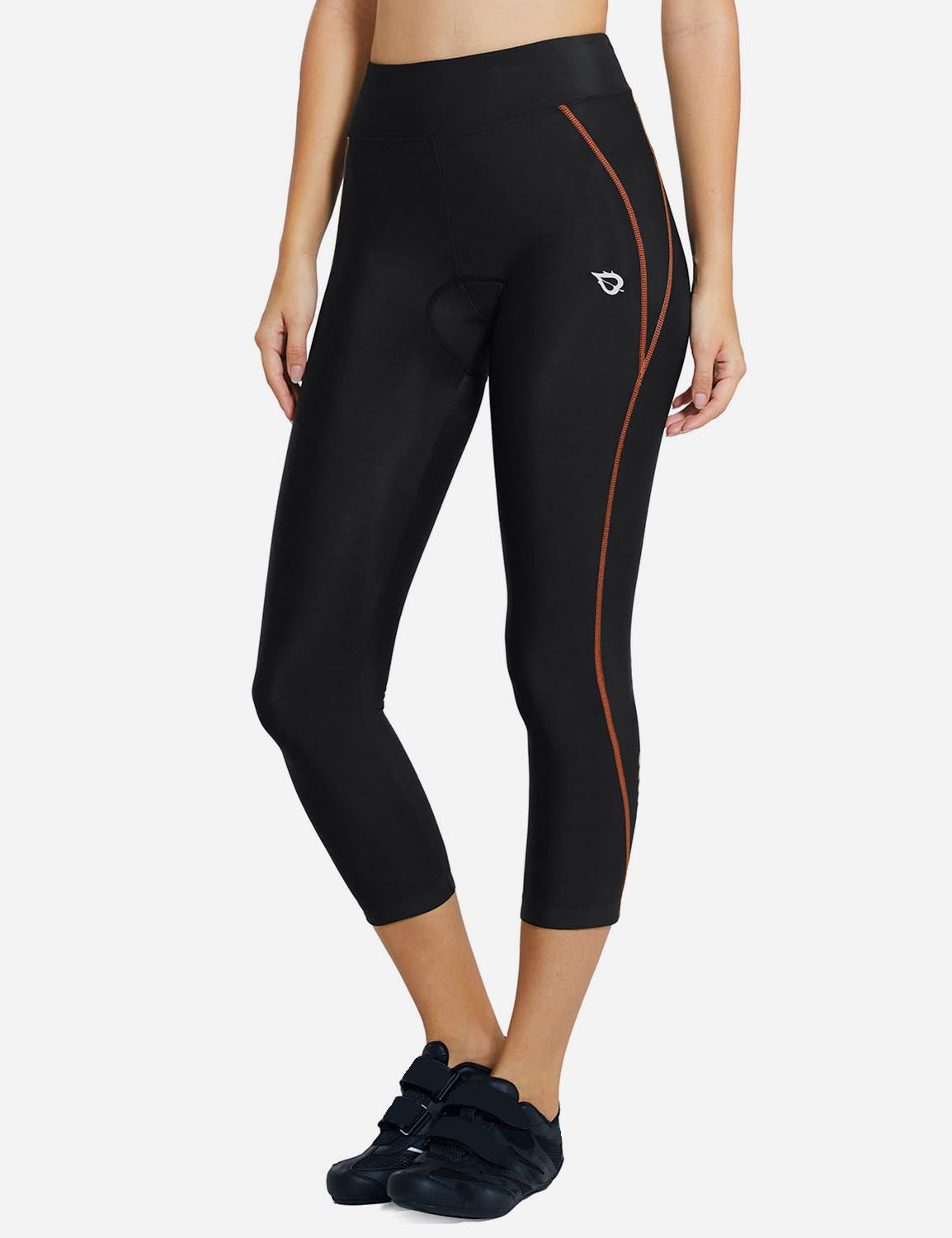 Baleaf Women's UPF50+ High Rise 3D Chamois Compression Cycling Capris aab163 Orange Line Front