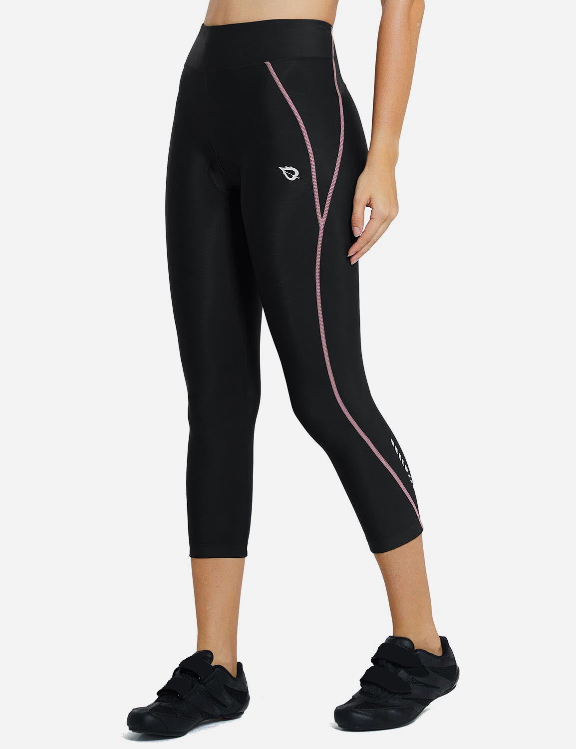 Baleaf Women's UPF50+ High Rise 3D Chamois Compression Cycling Capris aab163 Pink Line Side