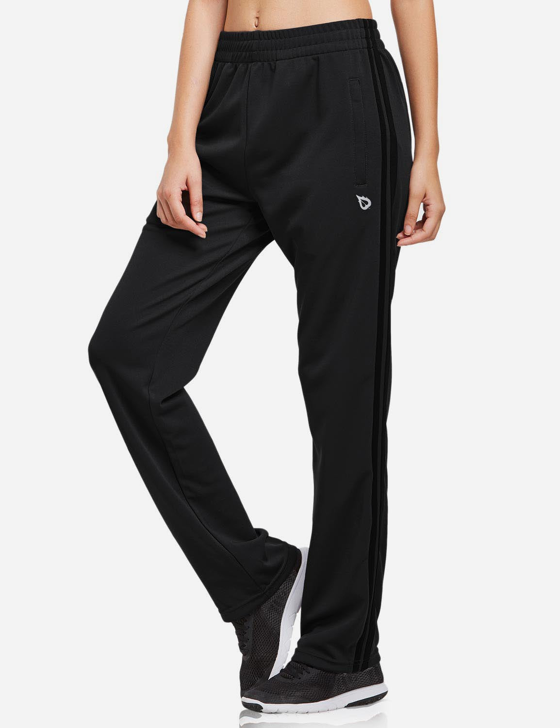 Baleaf Women's Active Stripe Side Loose Leg Pocketed Casual Joggers abd316 Black/Black Front