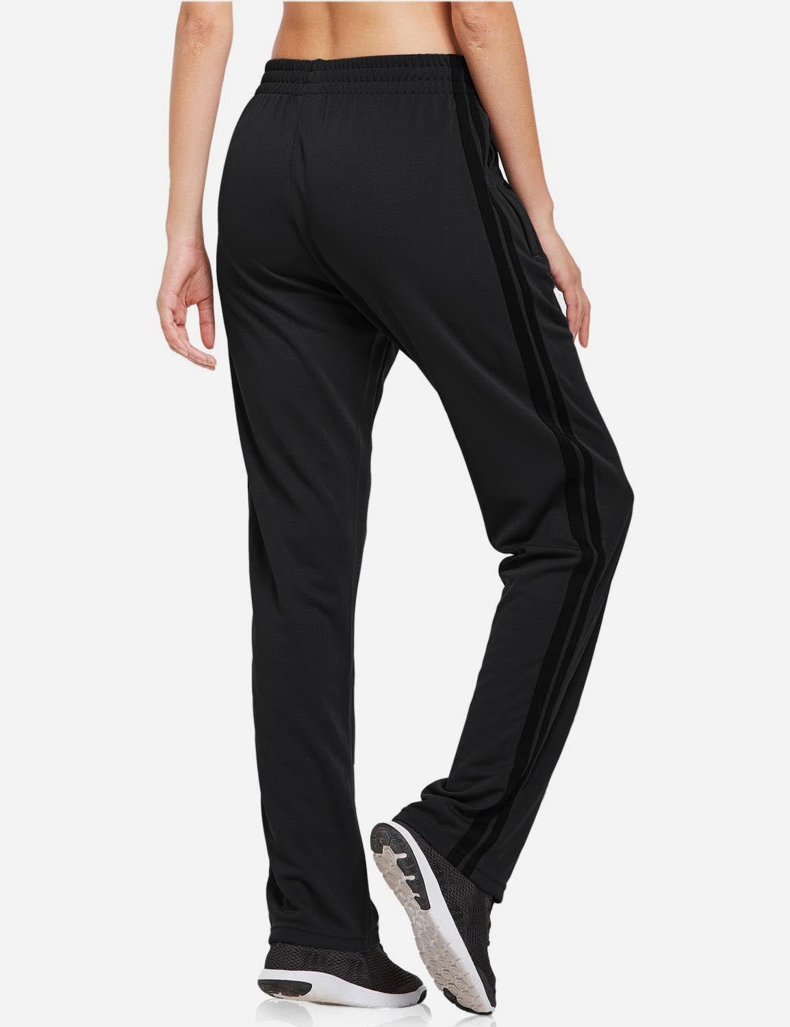 Baleaf Women's Active Stripe Side Loose Leg Pocketed Casual Joggers abd316 Black/Black Back