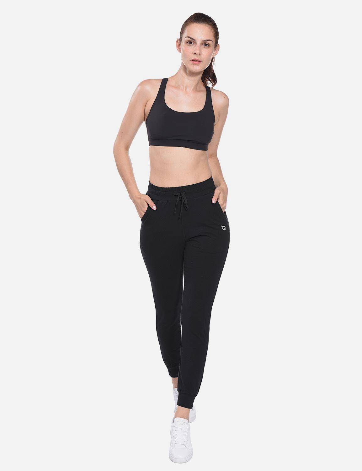 Baleaf Women's Cotton Comfy Pocketed & Tapered Weekend Joggers abh103 Black Full