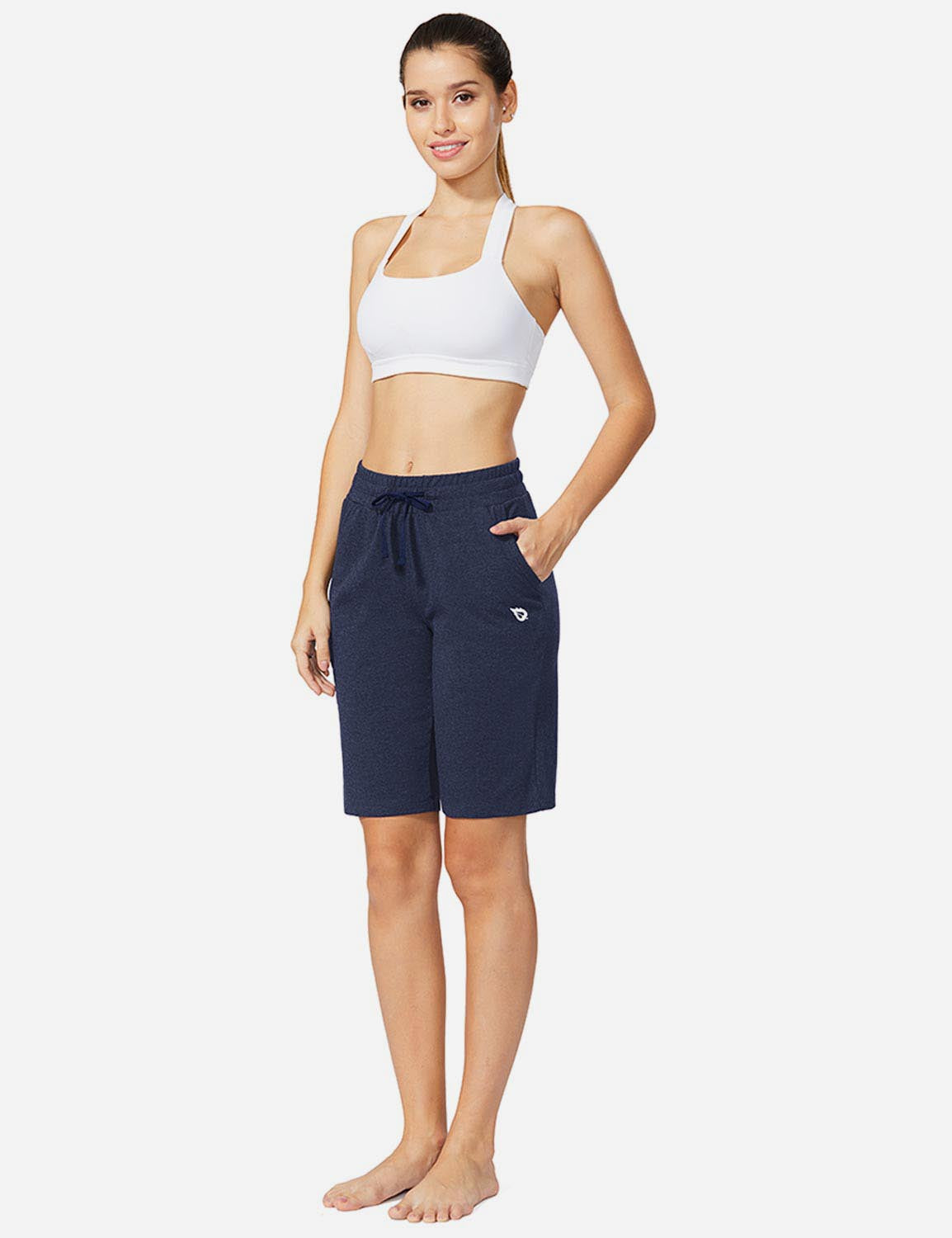 Baleaf Women's Mid-Rise Cotton Pocketed Bermuda Shorts abh104 Navy Heather Full