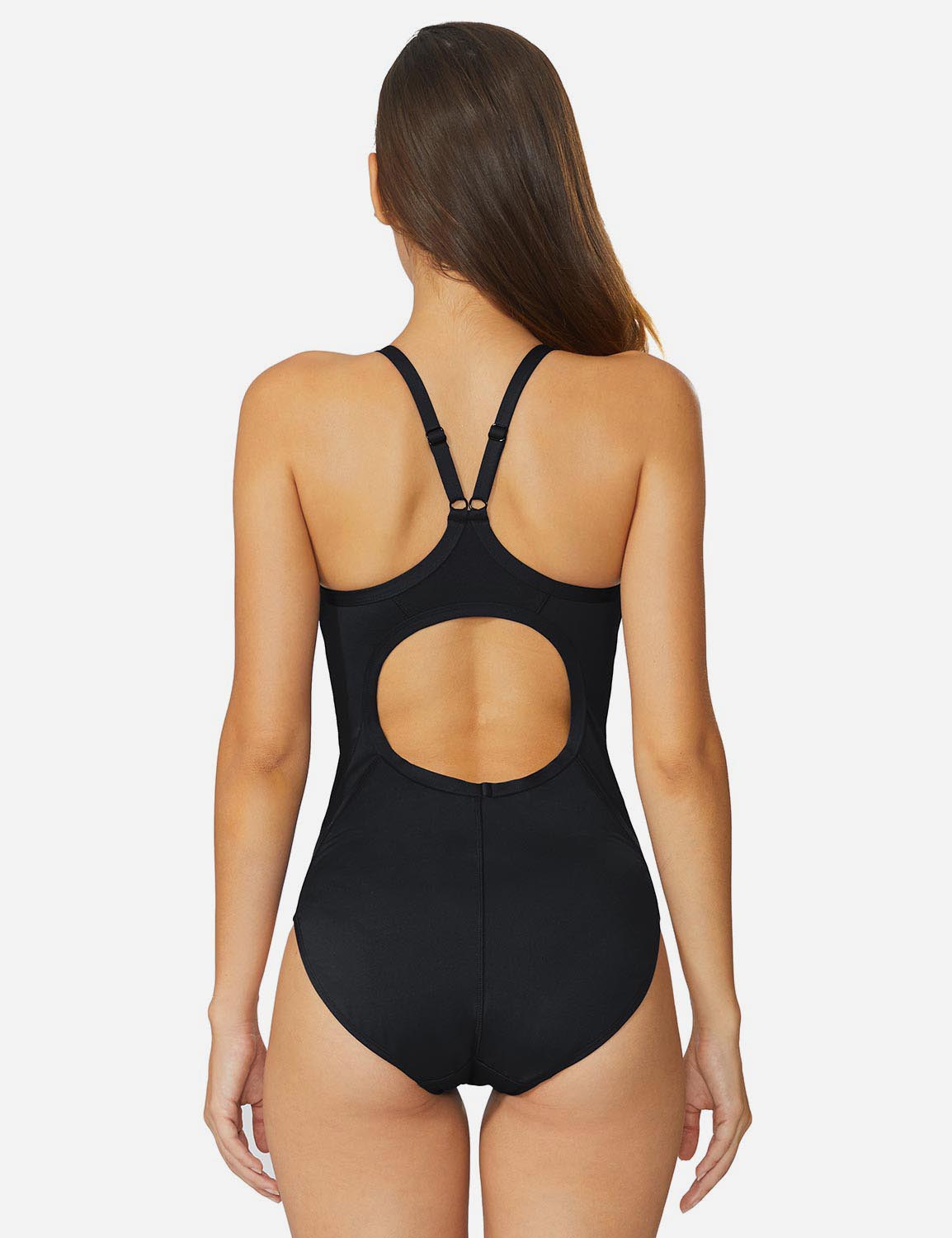 Baleaf Women's Semi-Open V-Back One Piece Pool Side Swimsuit acg011 Black Back