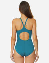 Baleaf Women's Semi-Open V-Back One Piece Pool Side Swimsuit acg011 Steel Blue Back