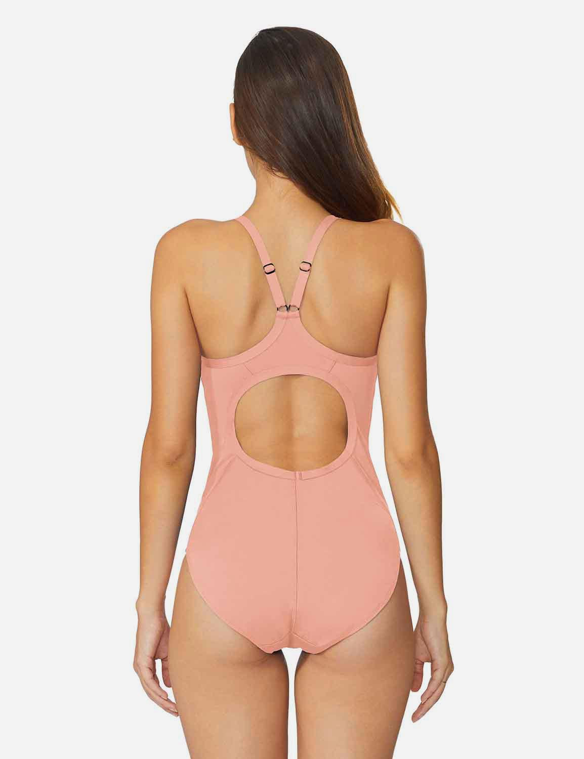 Baleaf Women's Semi-Open V-Back One Piece Pool Side Swimsuit acg011 Strawberry Cream Back