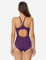 Baleaf Women's Semi-Open V-Back One Piece Pool Side Swimsuit acg011 Grape Royale Back