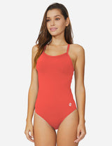 Baleaf Women's Semi-Open V-Back One Piece Pool Side Swimsuit acg011 Coral Red Side