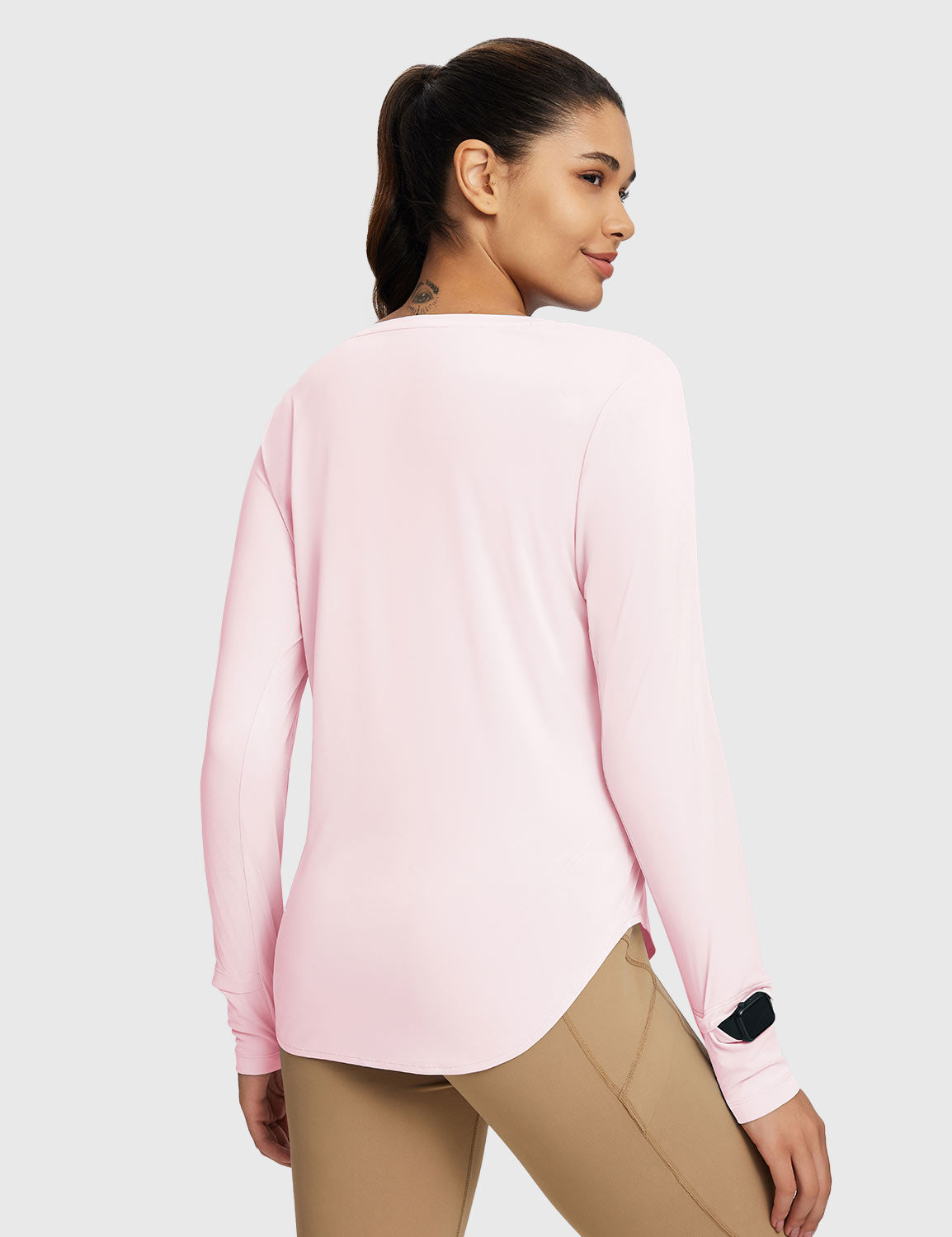 Baleaf Women's Rounded Hem Slim Crew Neck Long Sleeve Pink Dogwood Back