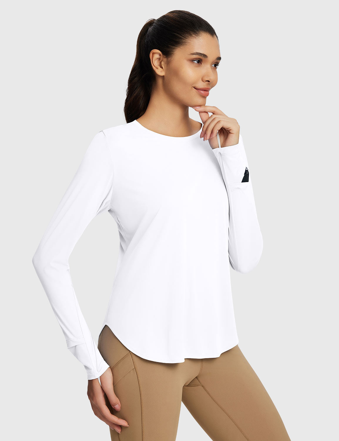 Baleaf Women's Rounded Hem Slim Crew Neck Long Sleeve Lucent White Side