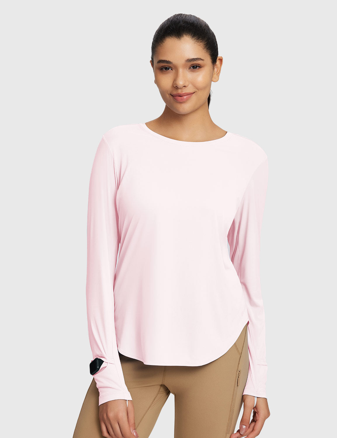 Baleaf Women's Rounded Hem Slim Crew Neck Long Sleeve Pink Dogwood Main