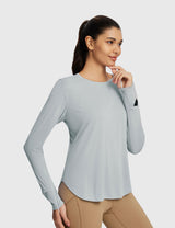 Baleaf Women's Rounded Hem Slim Crew Neck Long Sleeve High-Rise Side