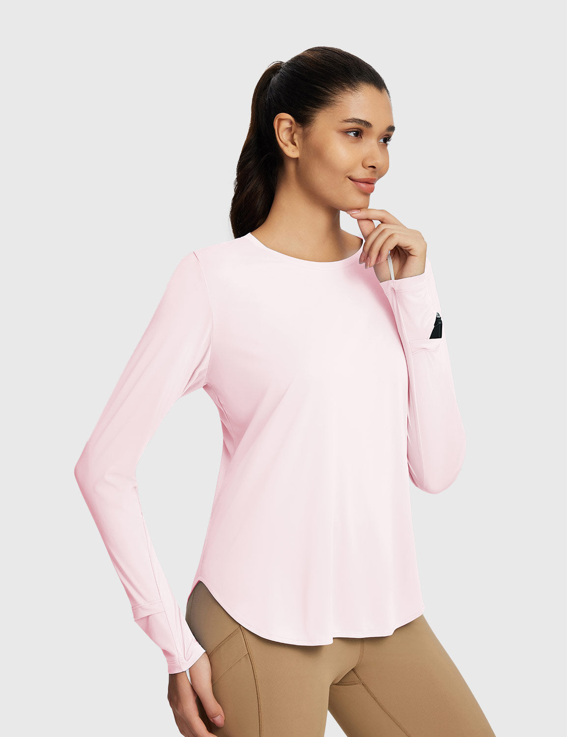 Baleaf Women's Rounded Hem Slim Crew Neck Long Sleeve Pink Dogwood Side