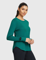 Baleaf Women's Rounded Hem Slim Crew Neck Long Sleeve Teal Green Side