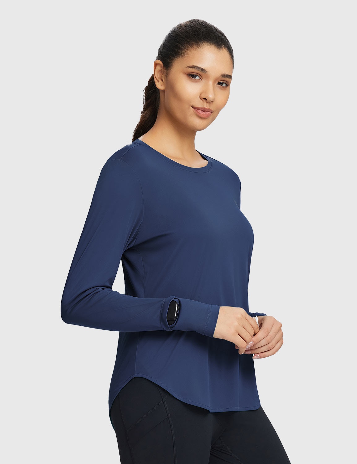 Baleaf Women's Rounded Hem Slim Crew Neck Long Sleeve Estate Blue Side