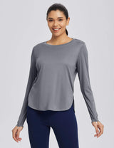 Baleaf Women's High Split Crew Neck T-shirts Harbor Mist Main