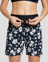 Baleaf Women's Wide Waistband Printed Quick-dry Swim Shorts Black White Flowers Details