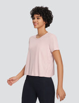 Baleaf Women's Crossover Crew Neck Short Sleeve Pink Dogwood Side