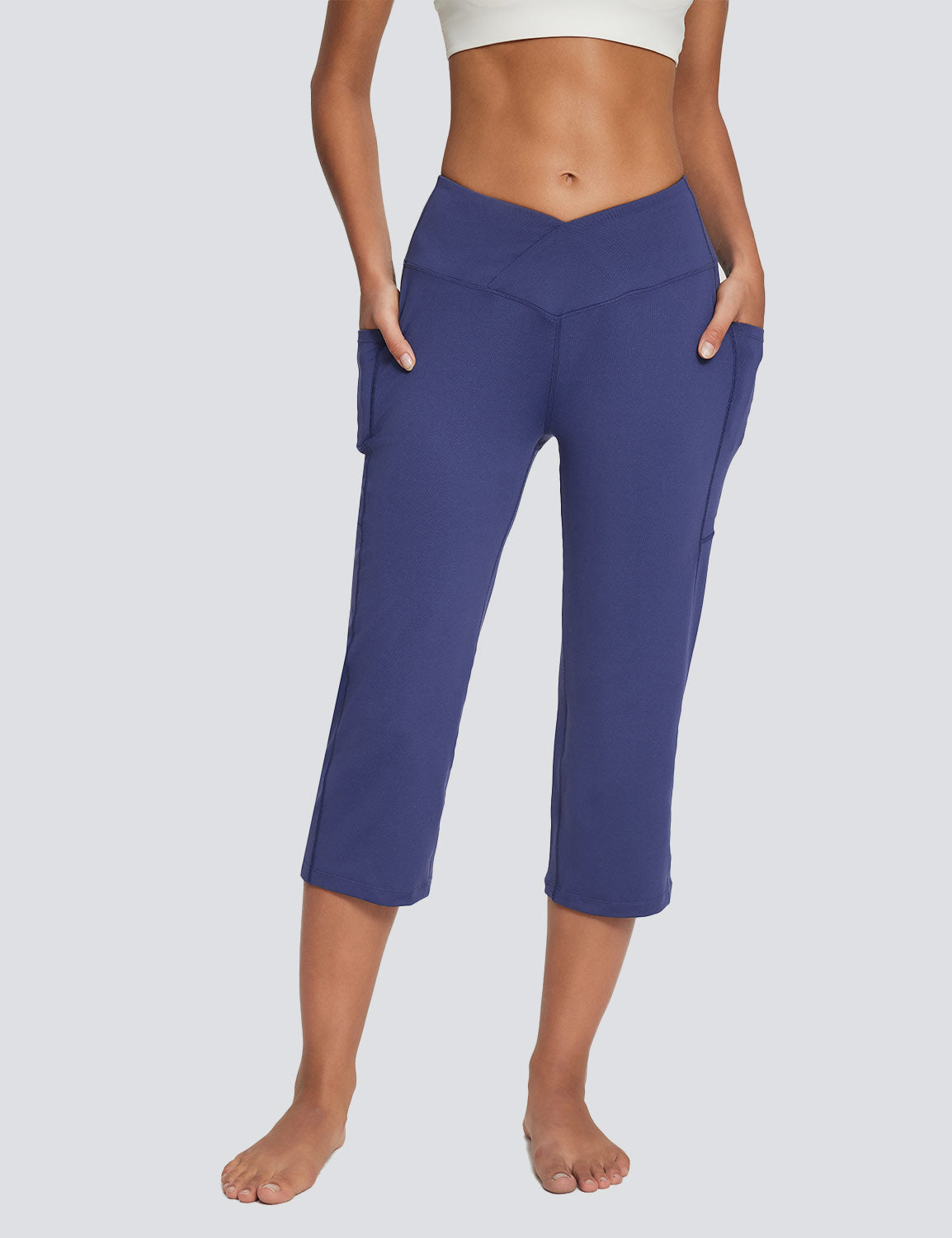 Baleaf Women's Skin-friendly Crossover High Rise Pants Estate Blue Front