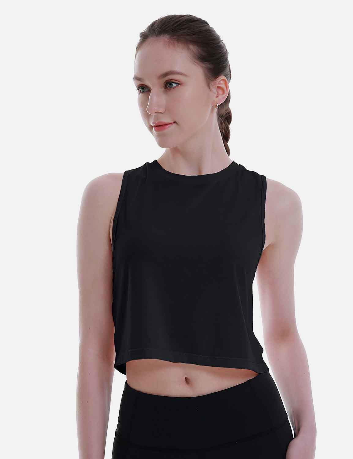 Baleaf Women's Super Soft Sleeveless Muscle Yoga Crop Tops cbd012 Black Front