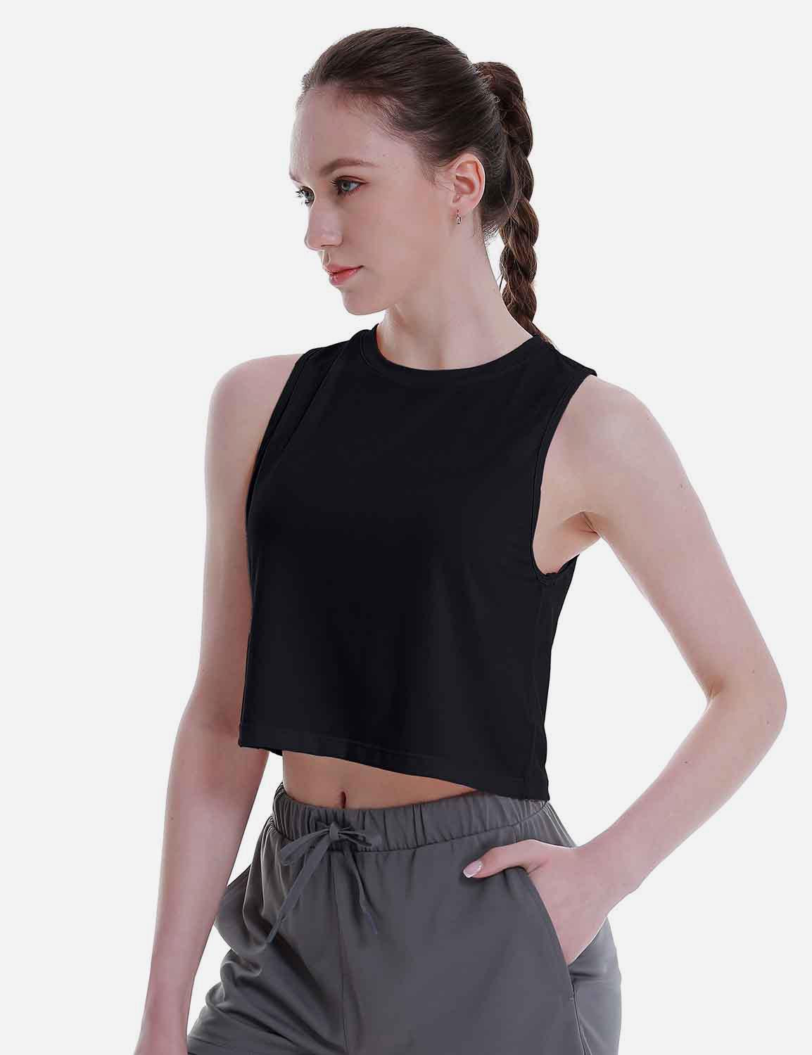 Baleaf Women's Super Soft Sleeveless Muscle Yoga Crop Tops cbd012 Black Side