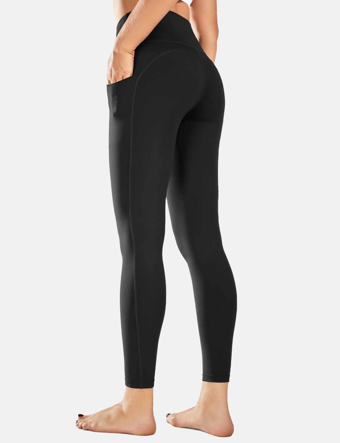 Baleaf Women's 7/8 7/8 High Waisted Soft Pockets Leggings cbh007 Black Back